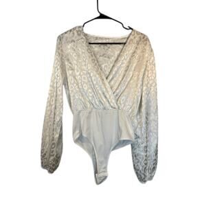 SHEIN White Leopard Print V-Neck Wrap Style Long Sleeve Bodysuit Women Sz S